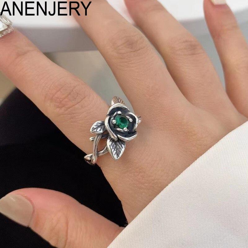 

ANENJERY открытое кольцо с зеленым цирконом и розой для женщин, корейское ретро, ​​тайское, серебряное, индивидуальное ювелирное изделие, аксессуары