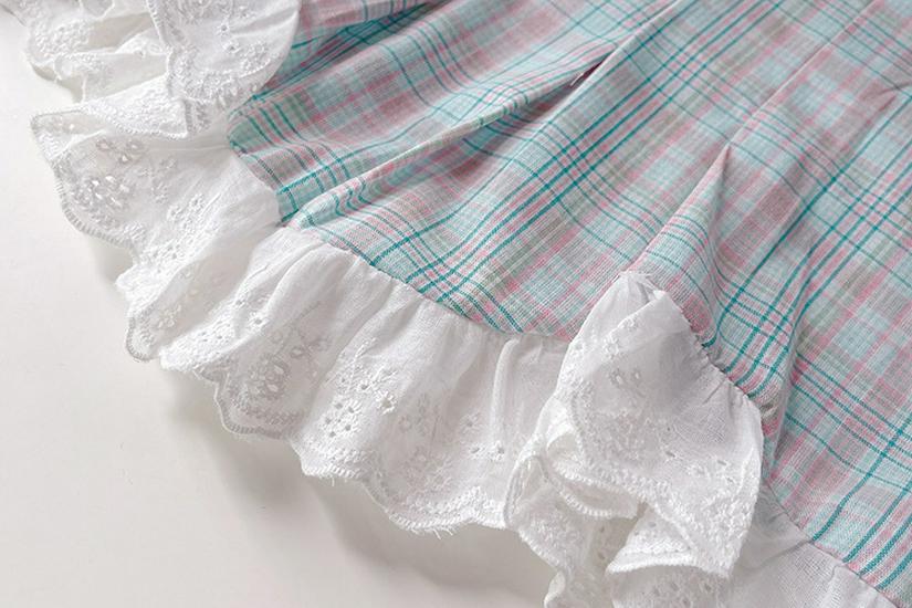 2026 Summer Girls' Stylish Plaid Two-Piece Set with Little Rabbit Lace Sleeveless Design