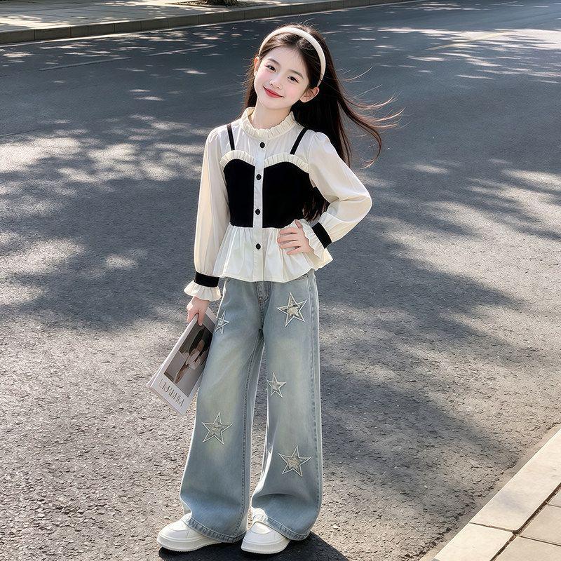 Children's Spring/Autumn Fashion Shirt: Stylish Korean Two-Piece Camisole Patchwork Top for Girls