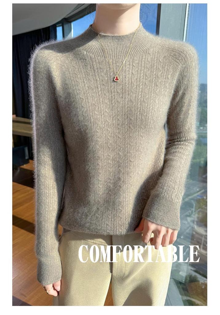 Women's 100% Wool Half-High Collar Cable Knit Pullover Sweater