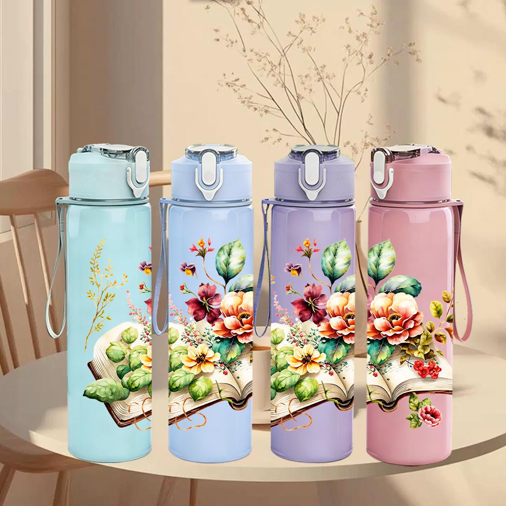 1PC Open Book Fresh Floral Arrangement 750ml Color Plastic Sports Water Bottle Leakproof Flip Straw Lid Suitable for Sports Office Home Use