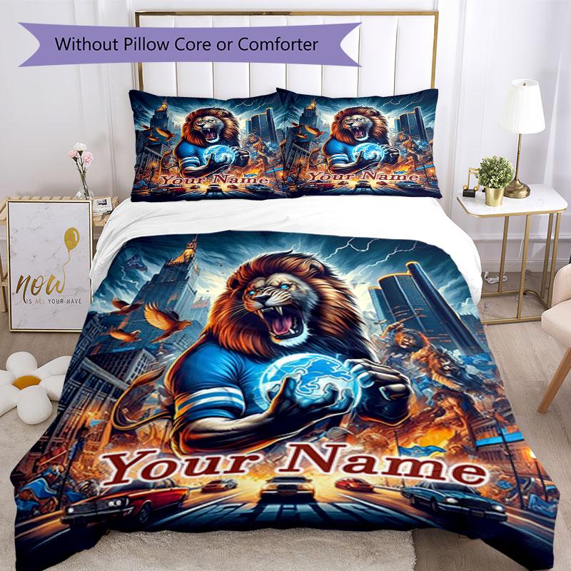 3PC Custom Name City Lion Dreams Bedding Set Printed Bedding Set Duvet Cover Closure Includes 1 Duvet Cover & 2 Pillowcases for All Seasons Bedroom
