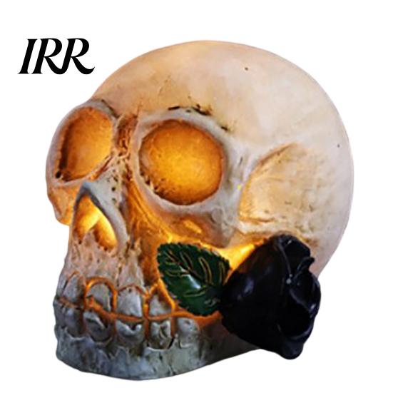 Gruselige Totenkopf-Lampe Gotische Leuchtende Rose Blumenfigurine, Tag der Toten Harz Halloween Dekor Statue, Totenkopf für Schreibtisch Zuhause