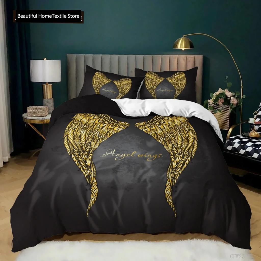 Angel Wings Duvet Cover Set Black Background Bright Orange Wing 3D Print Comforter Cover King Queen Size Polyester Bedding Set