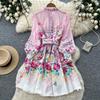 Celebrity stand-up collar lantern sleeve printed dress women's autumn youth age reduction waist and thin A-shaped skirt with belt