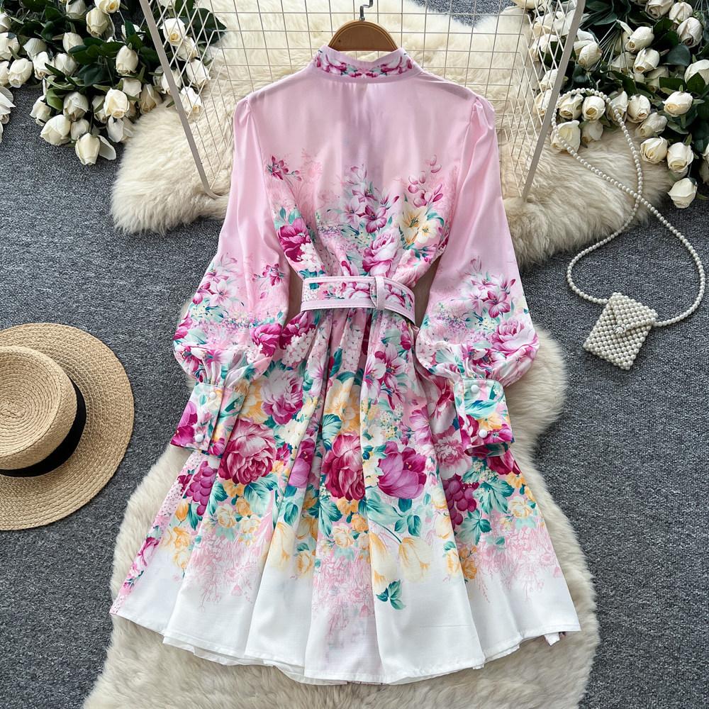 Celebrity stand-up collar lantern sleeve printed dress women's autumn youth age reduction waist and thin A-shaped skirt with belt