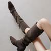 Boots women's boots knight long tube square head belt buckle can be turned thick heel western autumn and winter retro new fold