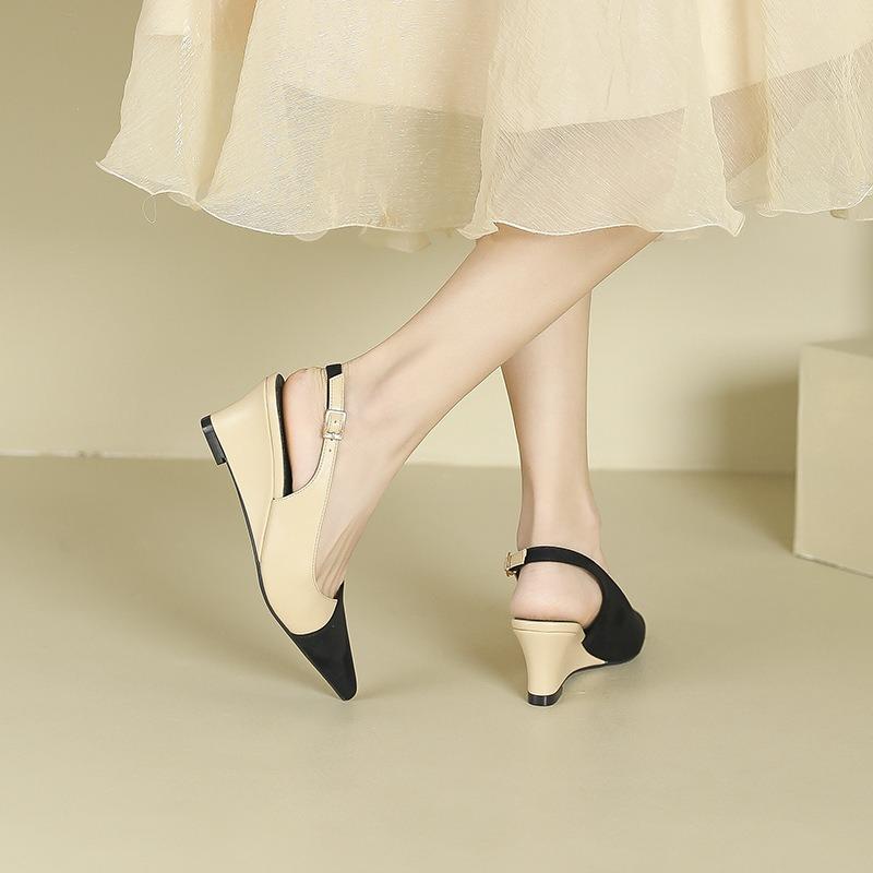 -1 rear empty one-word color matching wedge heels women's and women's summer new pointed thick-soled high heels