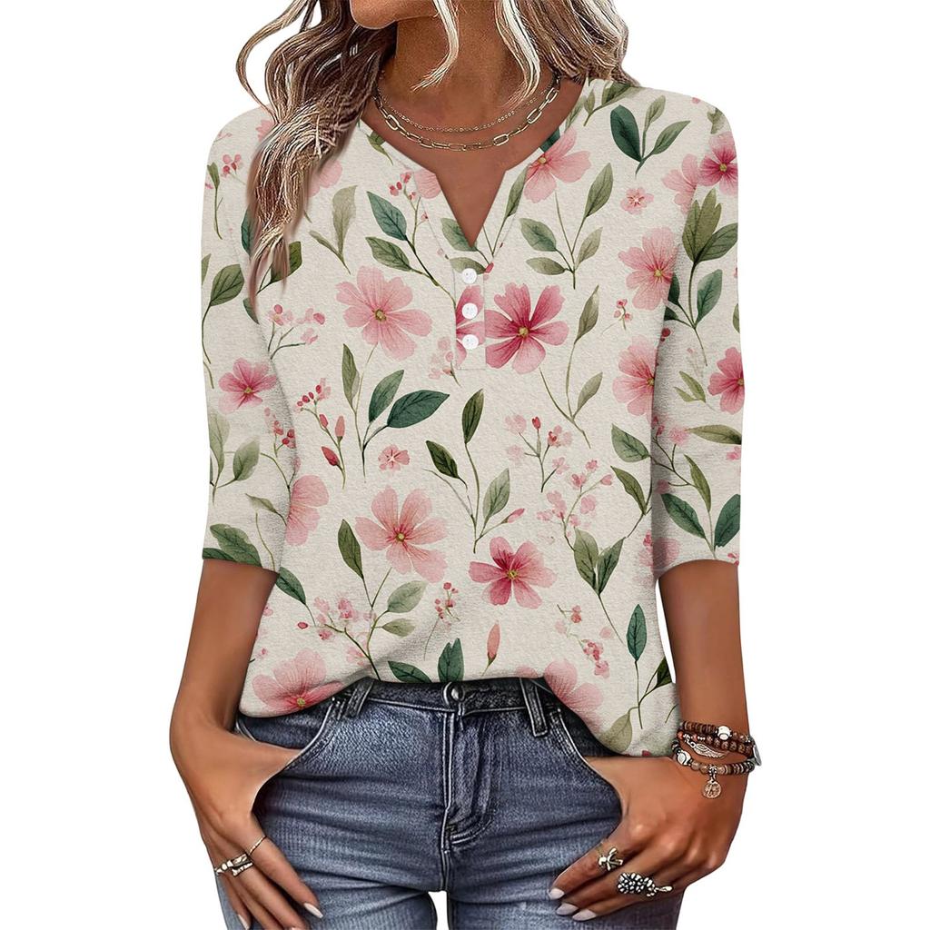 Damen Modisch Lässig Retro Floral Print V-Ausschnitt Knopfleiste Dreiviertelärmel T-Shirt Top