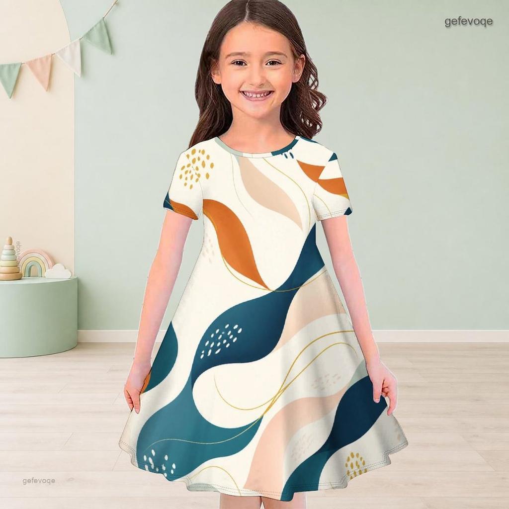 Girls Round Neck Short Sleeve Abstract Printed A Line Flared Dress