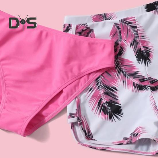 3dílná sada plavek s ramínky, podprsenkou s výstřihem do V a středním pasem, sada plavek, jednobarevné bikiny s kraťasy s potiskem peří