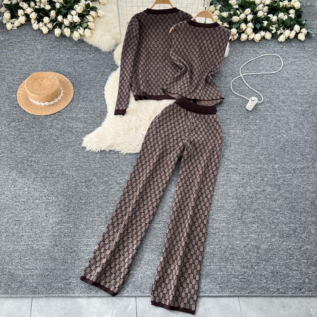 Winter Vintage Plaid Print Sweater Suits Women Knit Cardigan Elastic Long Pants American Retro Autumn Casual Three Pieces Sets