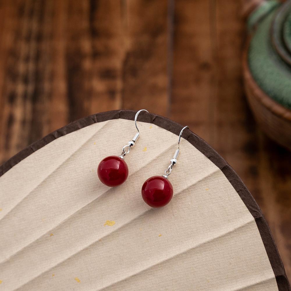 National Style Geometric Red Round Pearl Earrings, Retro Simple Court Style Earrings, High-End Earrings