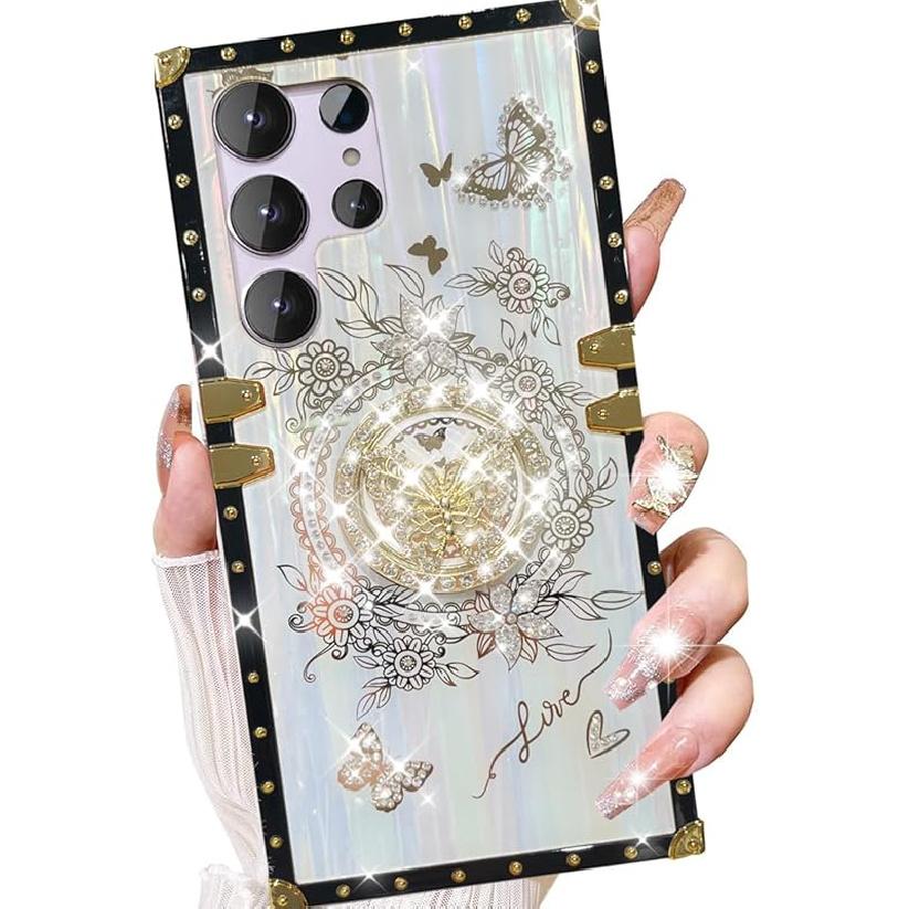 for Samsung Galaxy S25 Ultra Glitter Kickstand Case, Cute Luxury 3D Bling Sparkly Floral Diamond Butterfly with Ring Stand Elegant Shockproof Women