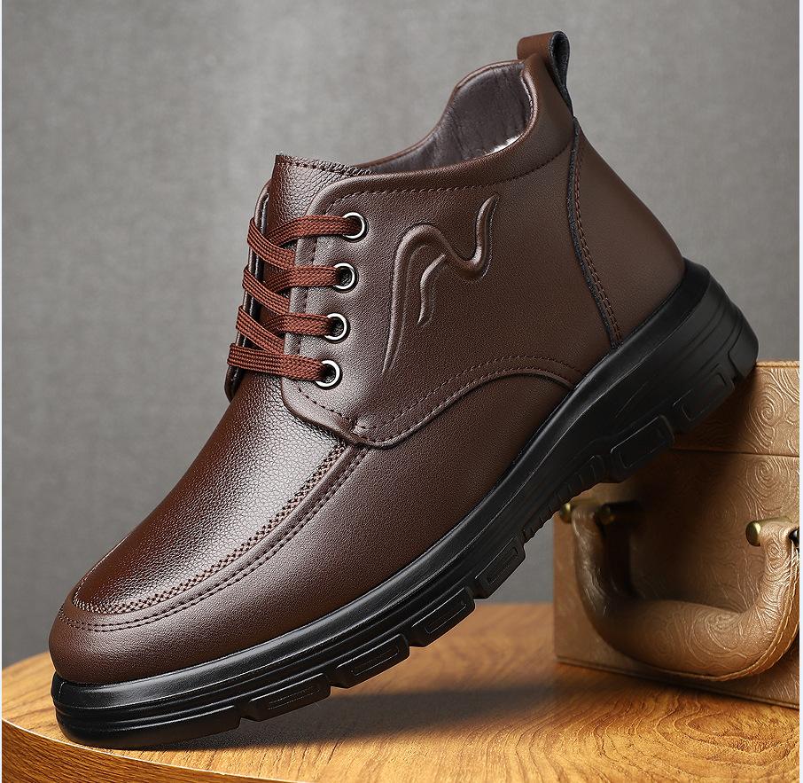 

Мужские хлопковые туфли на флисовой подкладке, низкие, рабочие, теплая повседневная кожаная обувь, британский стиль, мягкая подошва, теплая и износостойкая обувь 39 коричневый