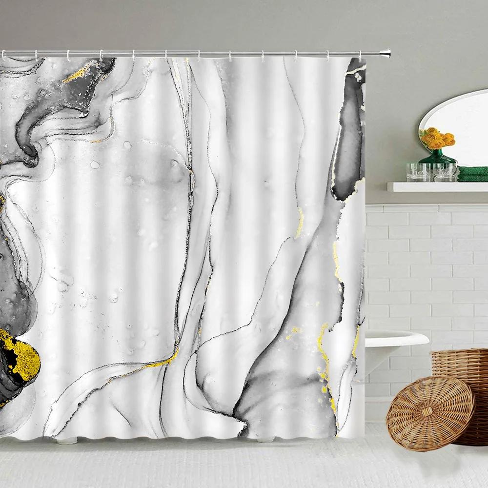 Marble Striped Shower Curtain For Bathroom, Waterproof Screen With Hook, White, Gray, Gold, Black, Decorative Accessories