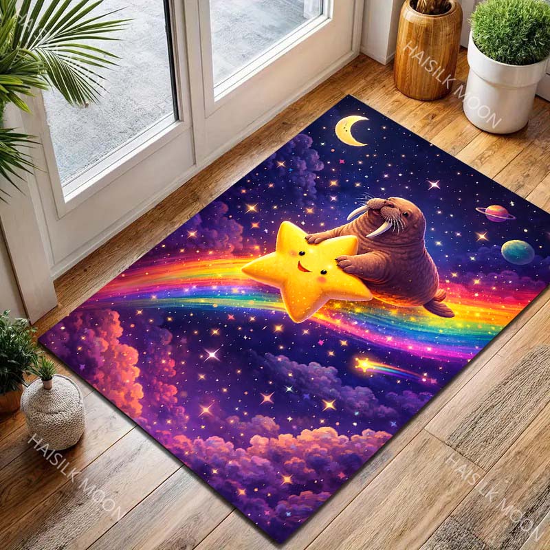 1PC Walrus rides star across rainbow sky Print Carpet for Living Room Bedroom Sofa Home Decor Rus Non-slip Floor Mat Luxury Gift