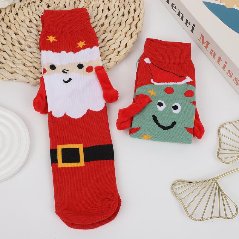 1 Pair Santa Claus Christmas Tree Cotton Stockings Christmas Magnetic Suction Hand In Hand Socks Unisex Holding Hands Long Socks