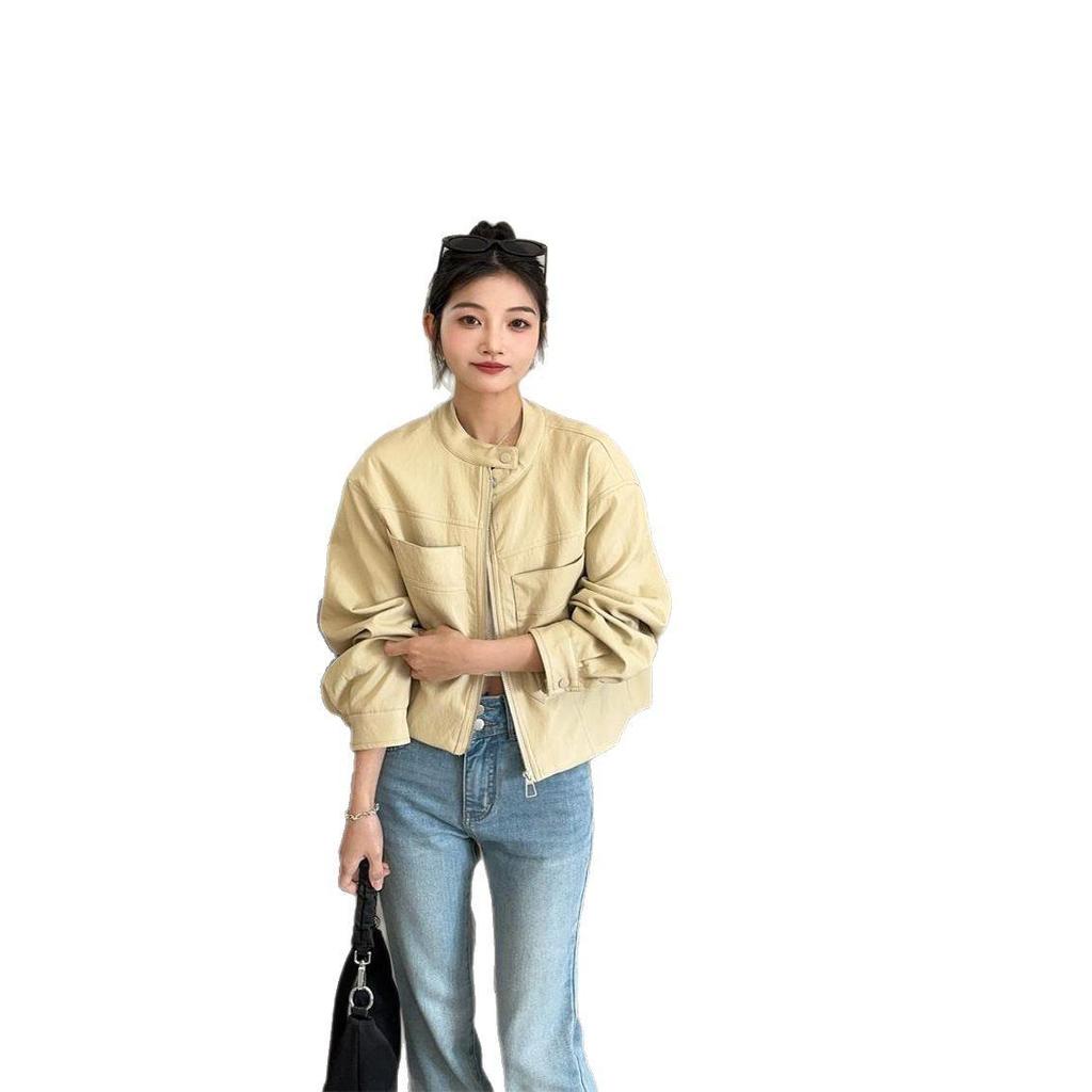 2025 European Style PU Leather Jacket - Women's Spring/Autumn Short, Loose Fit, Fashionable Zipper Round Neck, Stand-up Collar Coat.