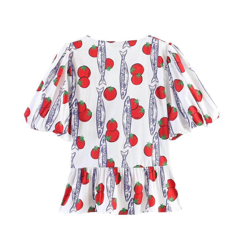 European and American Style, New Women's Clothing, Bow-decorated Printed Shirt Pleated Printed Casual Shorts