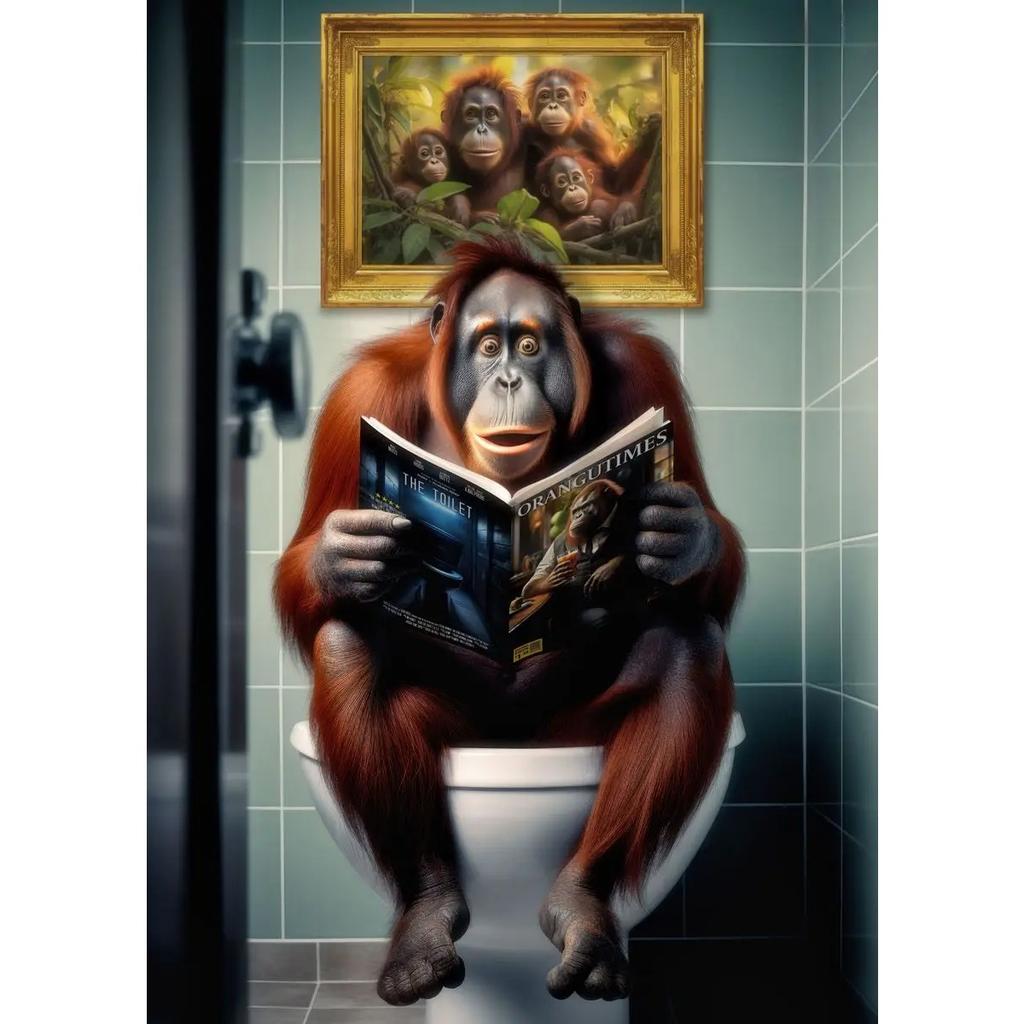 Dog Monkey Highland Cow Sitting on The Toilet Reading Newspaper Poster Animal Print Canvas Painting Funny Bathroom Wall Decor