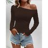 Solid Color Slanted Neck Long Sleeved Top Solid Diagonal Collar Long sleeve Top Women