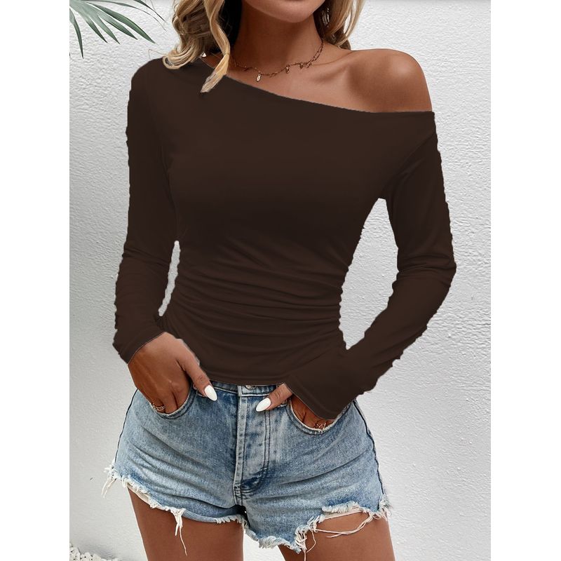 Solid Color Slanted Neck Long Sleeved Top Solid Diagonal Collar Long sleeve Top Women