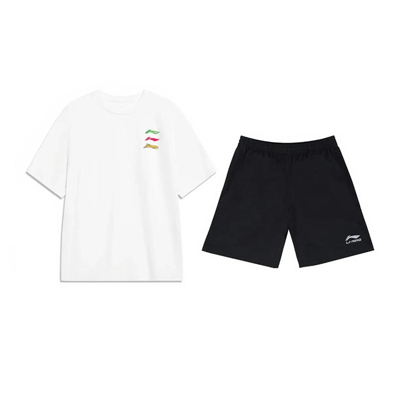 Li Ning Logo Print Simple Fashion Skin-Friendly Versatile Round Neck Pullover Short Sleeve T-Shirt Casual Sports Set Unisex Tops YHSV373-1+YKSV147-2