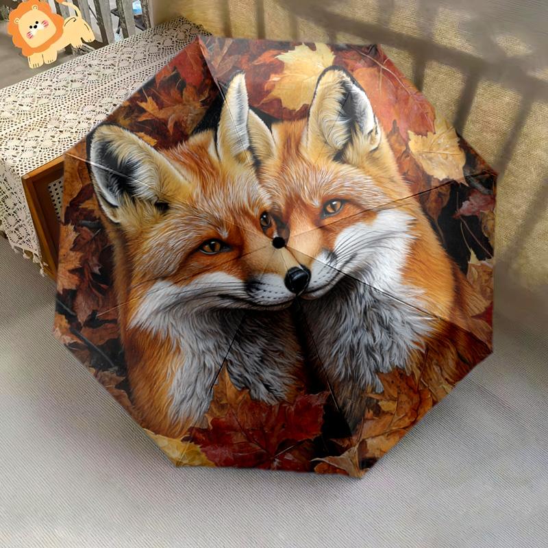 1 Stück Automatischer Faltregenschirm - Herbstfuchs-Muster, Tragbares & Faltbares Design mit 8 Speichen, Weihnachts-Geburtstagsgeschenke