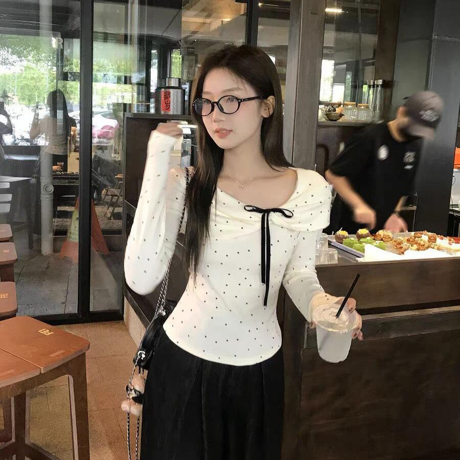 Autumn and Winter Warm German Velvet Long-sleeved Top, Women's Korean Full-printed Polka Dot Bow, Sweet and Thin Bottoming Shirt
