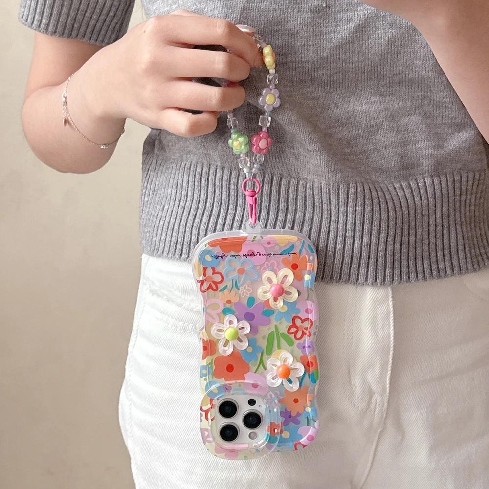 Bead Bracelet Chain Phone Case For iPhone 16 17 15 14 13 11 12 Pro Max Plus 3D Flower Bracket Holder Stand Lanyard Cover