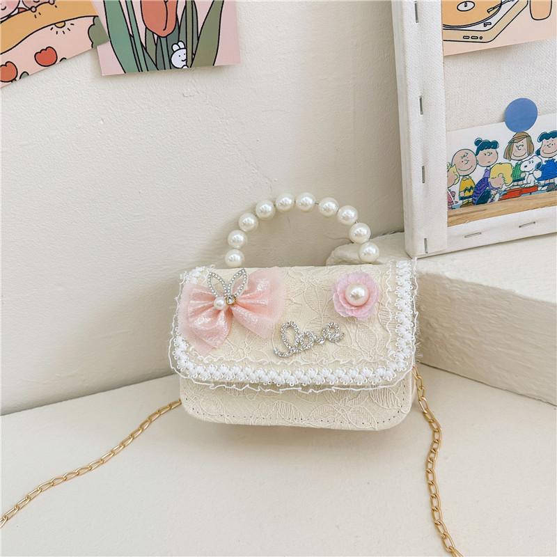 Stylish Lace Princess Mini Pearl Handheld Purse For Girls With Floral Patterns And Breathable Polyester