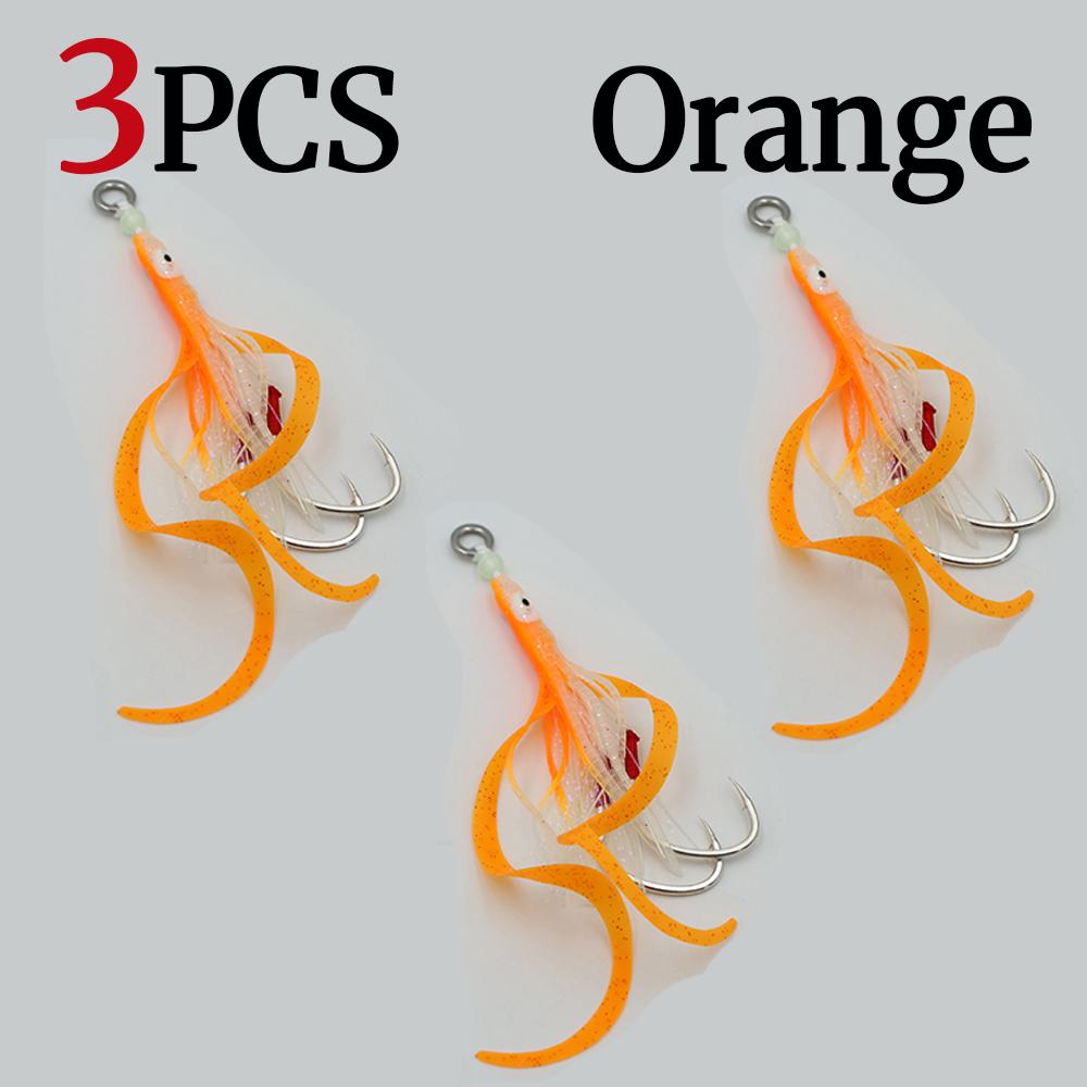 3 buc. Fuste moi calmar care luminează în întuneric, nălucă cu 2 cârlige asist pentru jigging cu prezentare lentă, momeală pentru trolling pescuit în apă sărată (Trandafir Portocaliu Alb)