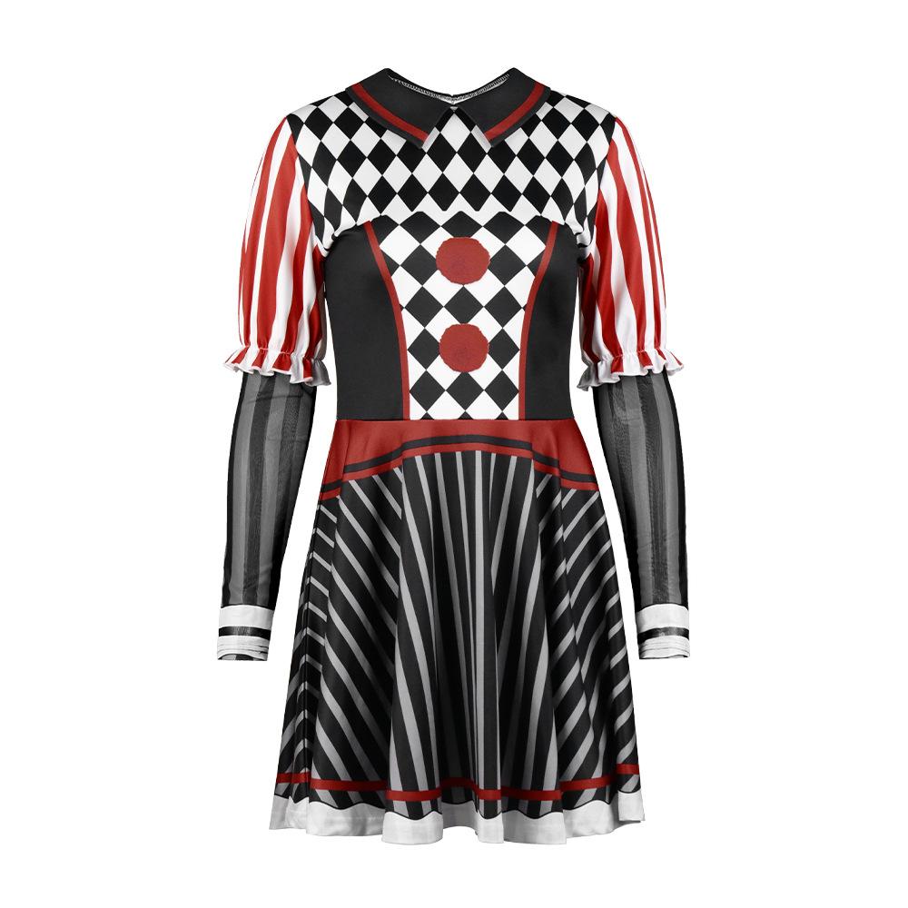Halloween Party Women Circus Clown Soul Thriller Printed Performance Cosplay Costume Adult Carnival Stage Dress Up Outfit