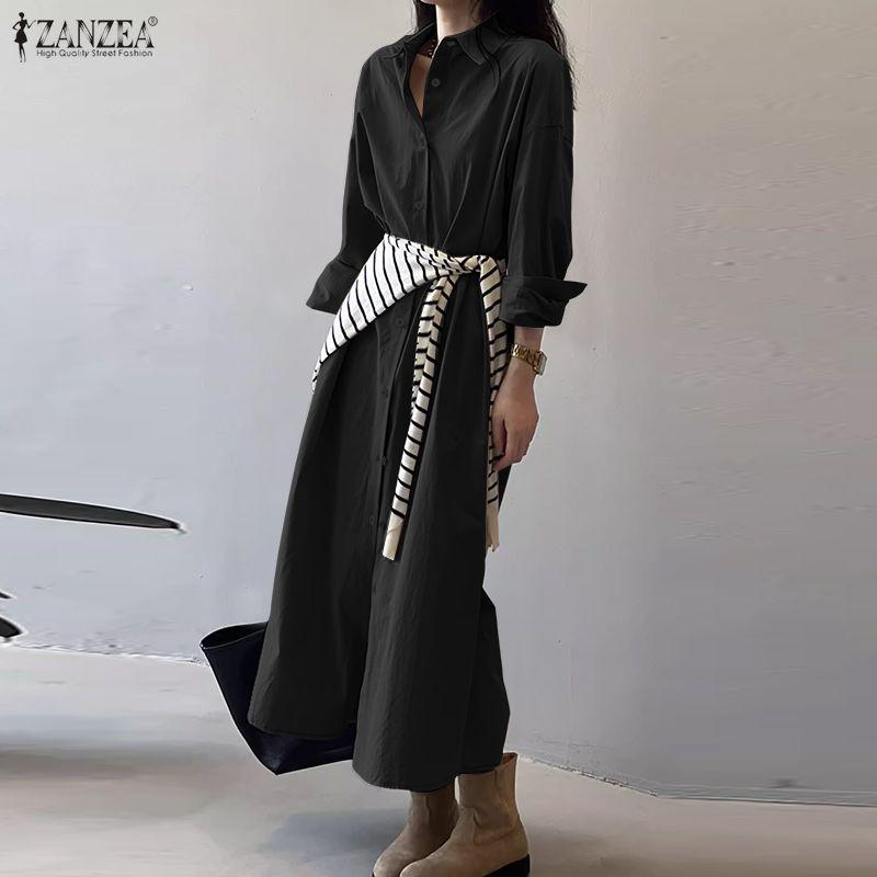 ZANZEA Rochie cămașă lungă, cu mânecă lungă, cu guler răsturnat pentru femei