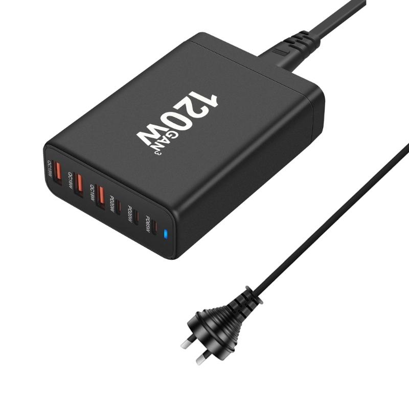 

Портативна станція зарядки USB на 120 Вт з 6 портами, 3 Type C PD та 3 USB A для одночасної зарядки телефонів, планшетів чорний