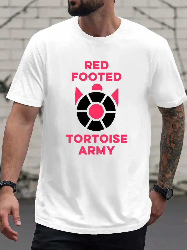 Red-Footed Tortoise Army Graphic T-shirt - White Casual Crew Neck Short Sleeve Tee with Black & Pink Design