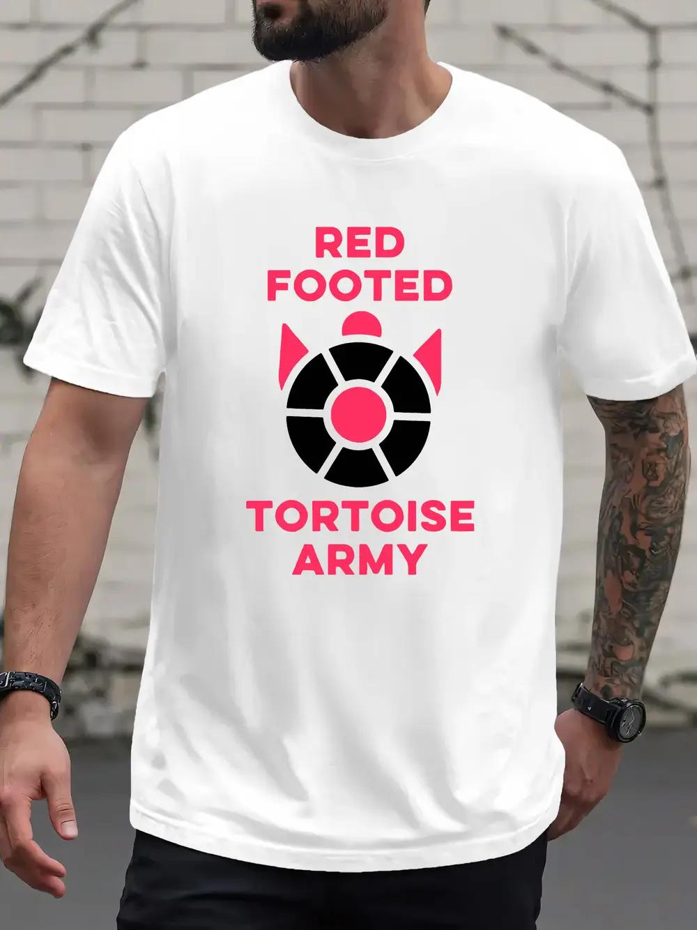

Red-Footed Tortoise Army Graphic T-shirt - White Casual Crew Neck Short Sleeve Tee with Black & Pink Design M