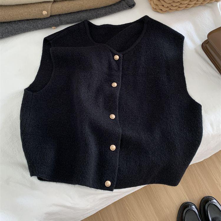 Korean Style Round Neck Gold Button Knitted Sleeveless Cardigan for Women