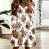 Women Plus Size Scallop V Neck Long Sleeve Floral Printed White Dress