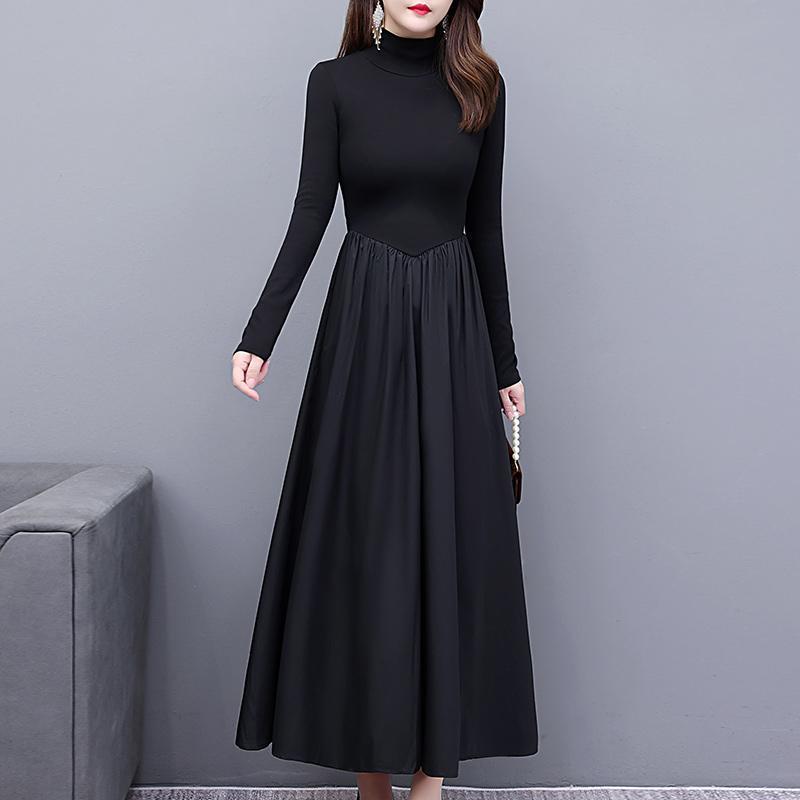 Black High-Neck Hepburn-Style Velvet Dress - Slimming Long Winter Skirt for Women