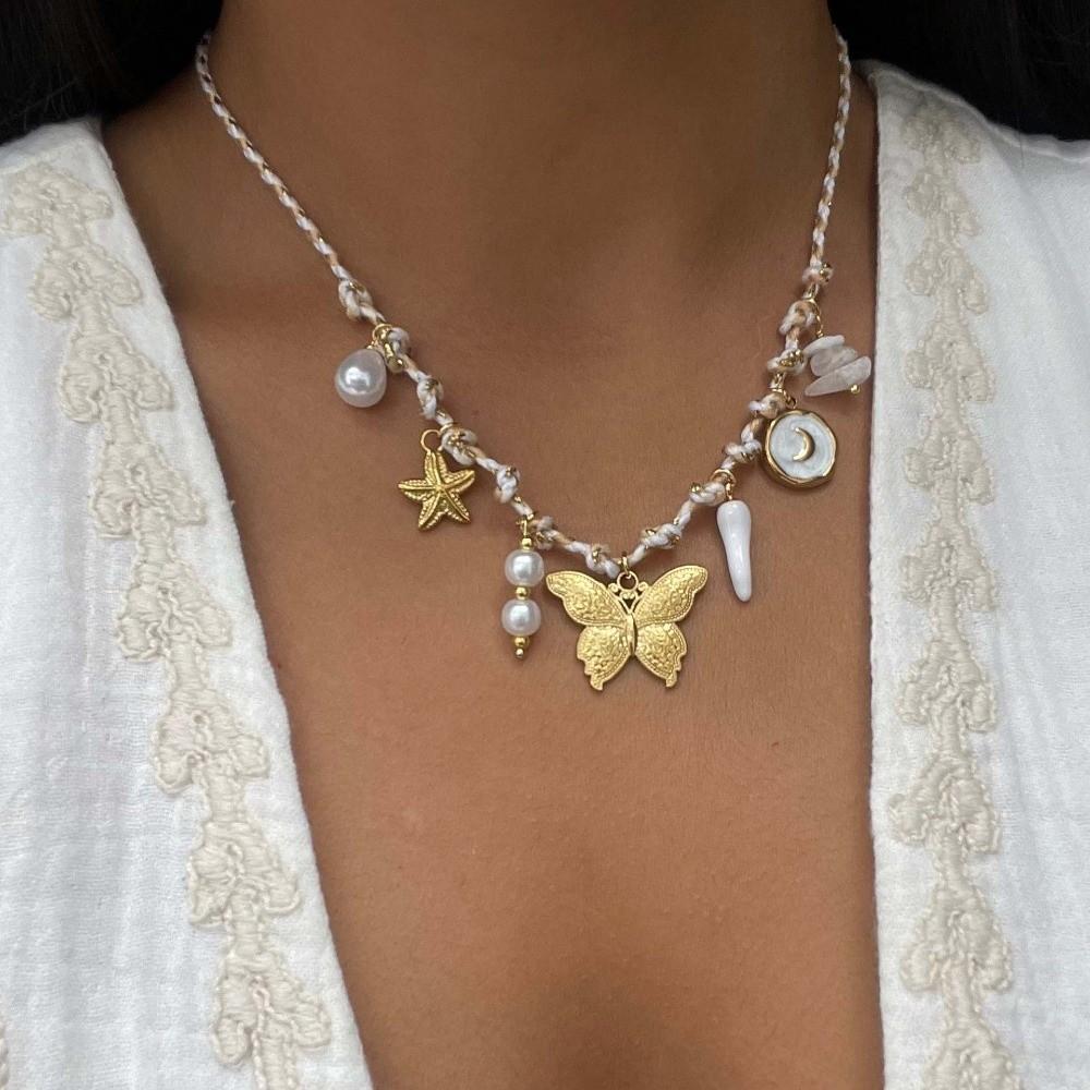 Turtle Knotting Rope Chain Necklace Boho Charm Pearl Pendant Necklace Seashell Choker  Gifts