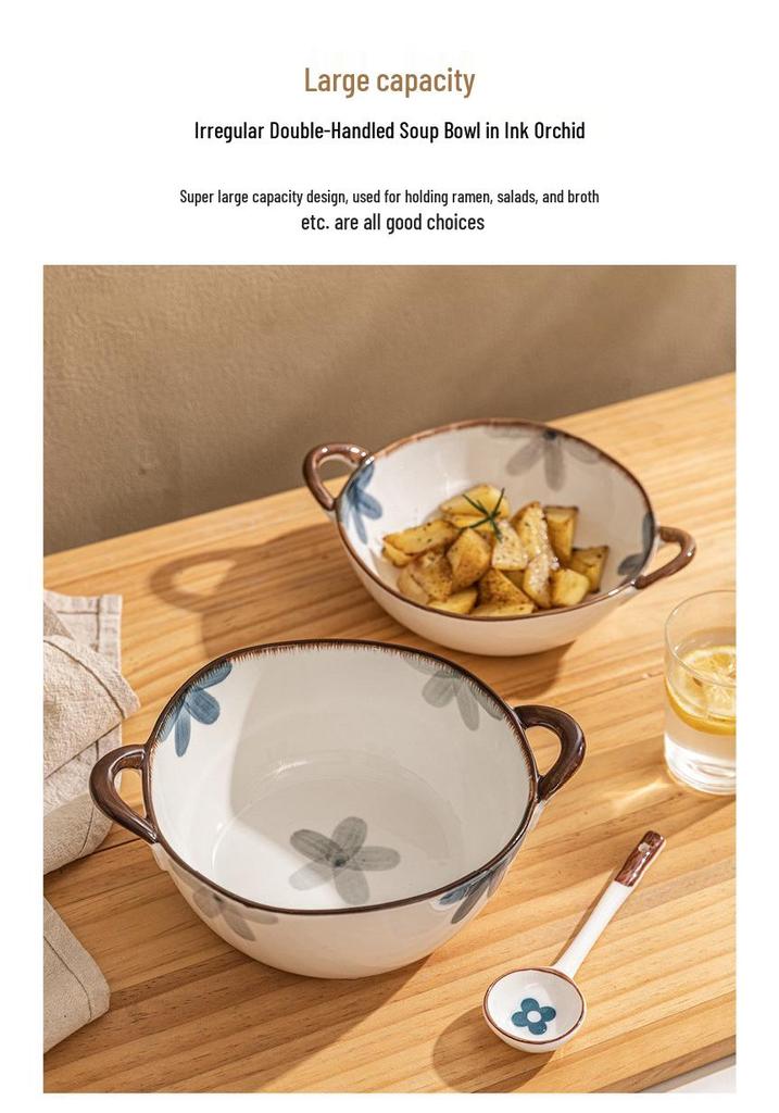 Large Dark Blue Double-Eared Ceramic Soup and Ramen Bowl