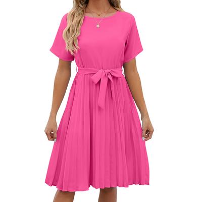 Summer Women's Dress New Solid Color Round Neck Pleated Tie Loose Short Sleeve Dresses