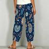 Women Plus Size Navy Blue Floral Paisley Printed Loose Cross Hem Cropped Pants With Pockets