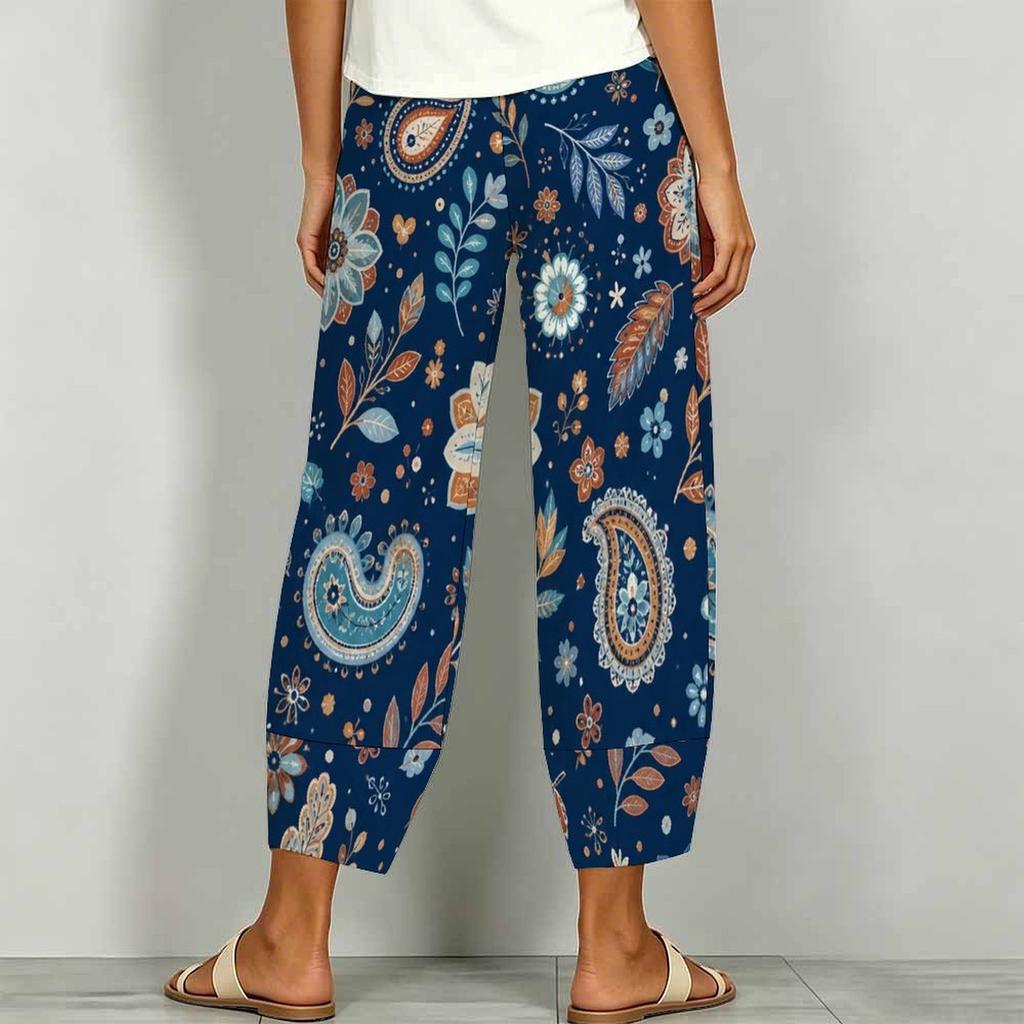 Women Plus Size Navy Blue Floral Paisley Printed Loose Cross Hem Cropped Pants With Pockets