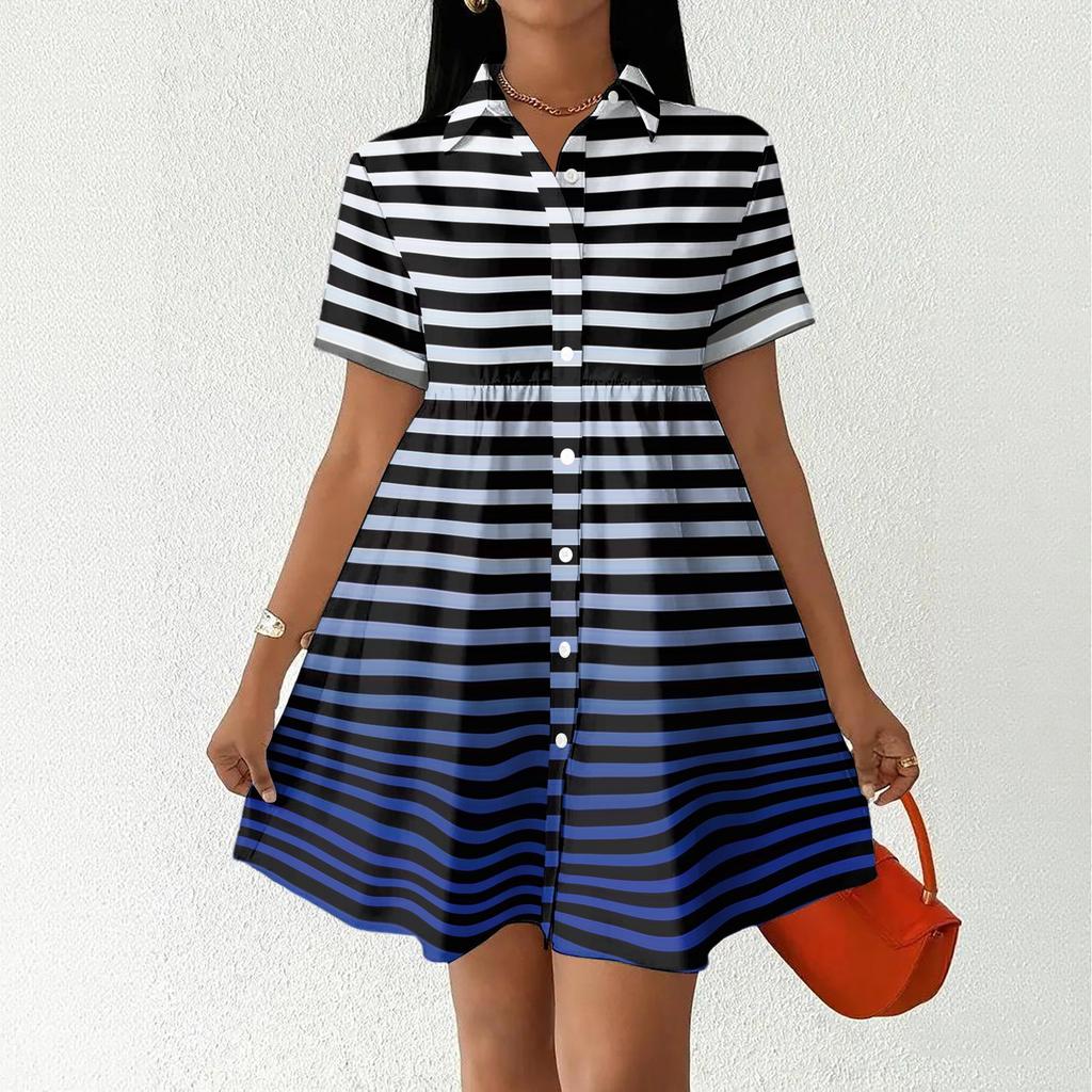 Women Loose Fit Casual Shirt Dress with Button Front and Stand Collar Short Sleeve Striped Design for Everyday Wear