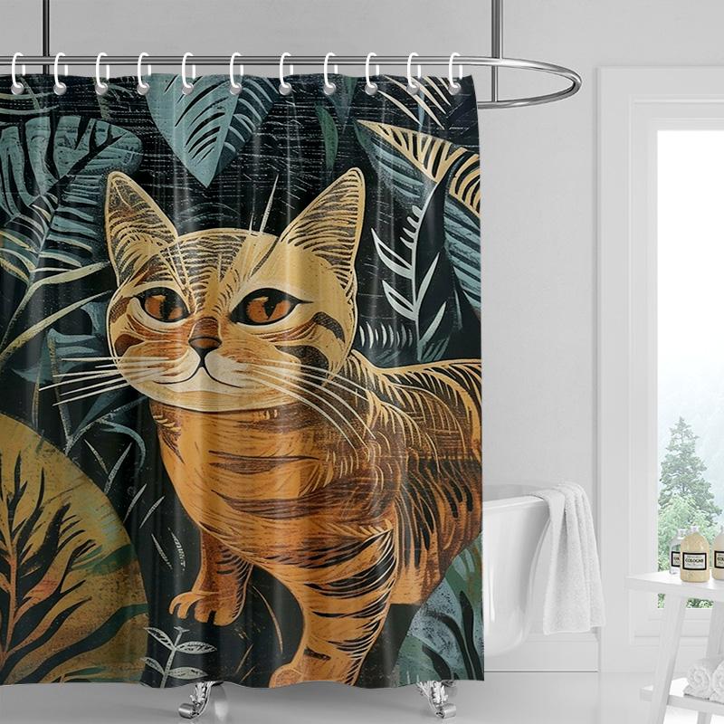 

Orange Tabby Cat Shower Curtain - Green Eyes & Red Ears On Black Textured Background, Waterproof Bath Decor With Hooks W60H190(CM)-1 Pcs