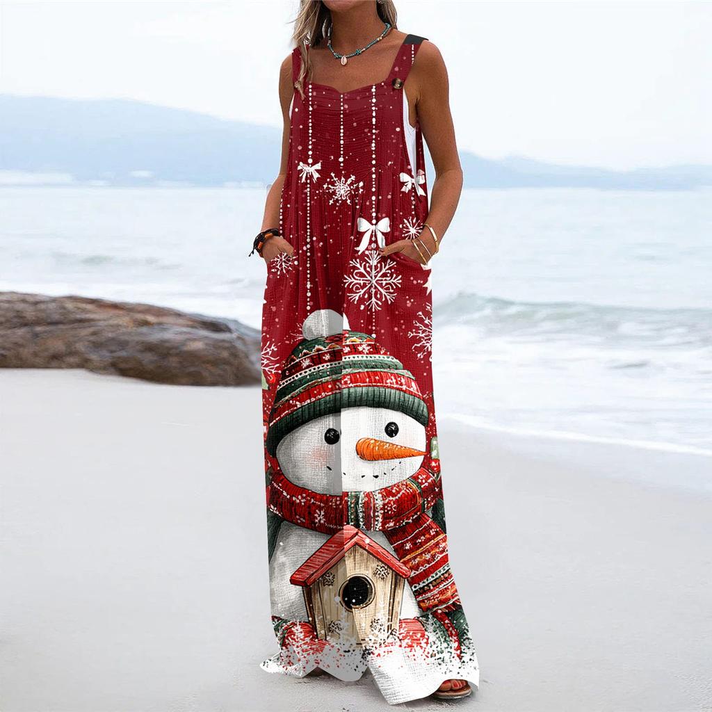 Women's Christmas Print Solid Wide Leg Strapless Tank Pocket Casual Onesie