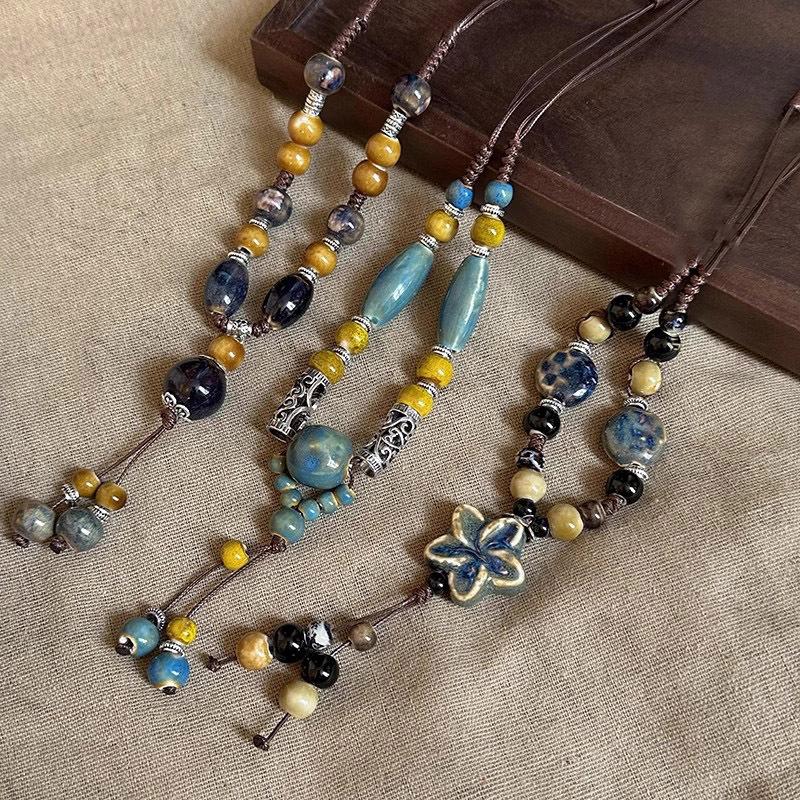 Barevný keramický náhrdelník Boho styl Ručně vyrobený Nastavitelný náhrdelník Jednoduchý tkaný provázkový keramický náhrdelník